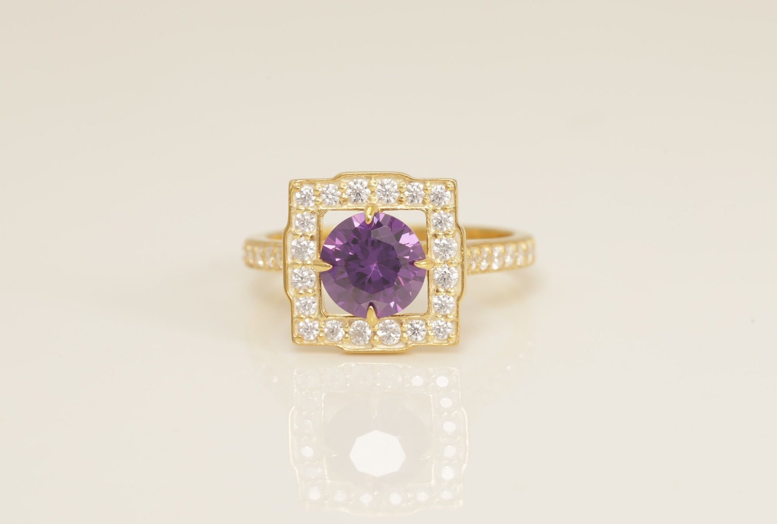 Diamond Halo Amethyst Engagement Ring, February Birthstone Ring, Bridal Promise Ring for Women, Anniversary Ring